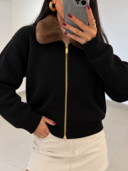 Po 2557 Peluş Yaka Triko Siyah Hırka