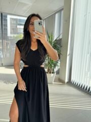 Bb 30003 Bel Dekolteli Siyah Keten Elbise
