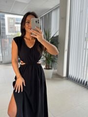 Bb 30003 Bel Dekolteli Siyah Keten Elbise