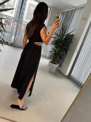 Bb 30003 Bel Dekolteli Siyah Keten Elbise