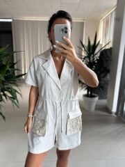 Np 7001 Keten Cep Dantel Detaylı Tulum