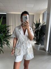 Np 7001 Keten Cep Dantel Detaylı Tulum