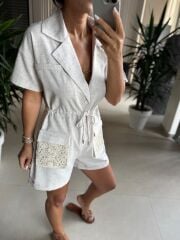 Np 7001 Keten Cep Dantel Detaylı Tulum