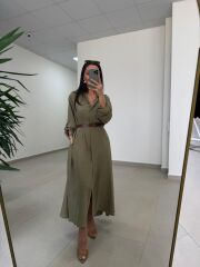 Fp 3270 Kemerli Tensel Haki Gömlek Elbise