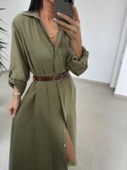 Fp 3270 Kemerli Tensel Haki Gömlek Elbise