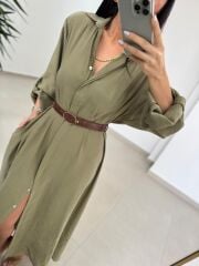 Fp 3270 Kemerli Tensel Haki Gömlek Elbise