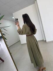 Fp 3270 Kemerli Tensel Haki Gömlek Elbise