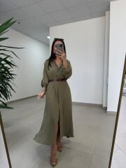 Fp 3270 Kemerli Tensel Haki Gömlek Elbise