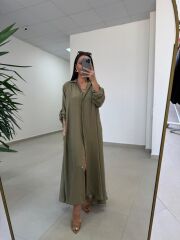 Fp 3270 Kemerli Tensel Haki Gömlek Elbise