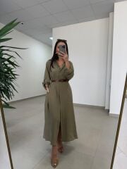Fp 3270 Kemerli Tensel Haki Gömlek Elbise