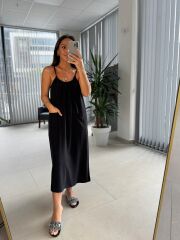 Bb 30013 iP Askılı Siyah Keten Elbise