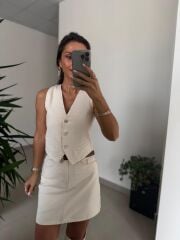 Spt 314 Ekru Denim Düğmeli Yelek