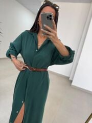 Fp 3270 Kemerli Tensel Zümrüt Gömlek Elbise
