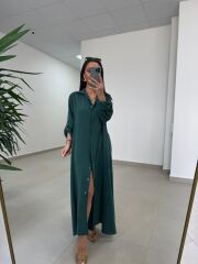 Fp 3270 Kemerli Tensel Zümrüt Gömlek Elbise