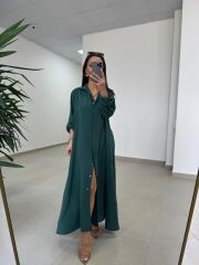 Fp 3270 Kemerli Tensel Zümrüt Gömlek Elbise