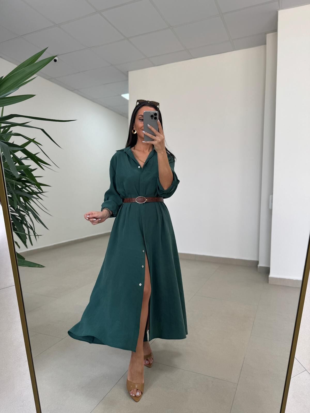Fp 3270 Kemerli Tensel Zümrüt Gömlek Elbise