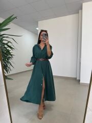 Fp 3270 Kemerli Tensel Zümrüt Gömlek Elbise