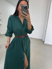 Fp 3270 Kemerli Tensel Zümrüt Gömlek Elbise