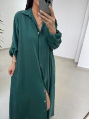 Fp 3270 Kemerli Tensel Zümrüt Gömlek Elbise