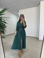Fp 3270 Kemerli Tensel Zümrüt Gömlek Elbise