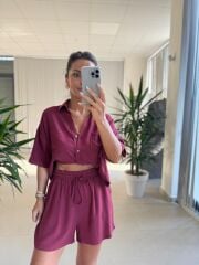 Fw 7145 Mürdüm Pamuklu Şort Gömlek Takım