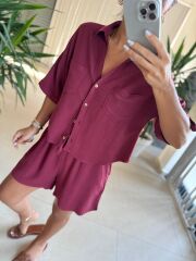 Fw 7145 Mürdüm Pamuklu Şort Gömlek Takım