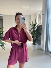 Fw 7145 Mürdüm Pamuklu Şort Gömlek Takım