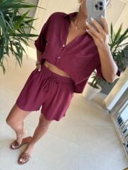 Fw 7145 Mürdüm Pamuklu Şort Gömlek Takım