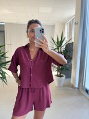 Fw 7145 Mürdüm Pamuklu Şort Gömlek Takım