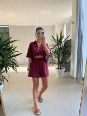 Fw 7145 Mürdüm Pamuklu Şort Gömlek Takım