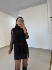 Po 2825 Asimetrik Kesim Triko Süveter & Dantel Bluz İkili Siyah Takım