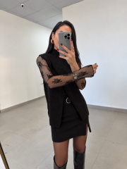 Po 2825 Asimetrik Kesim Triko Süveter & Dantel Bluz İkili Siyah Takım