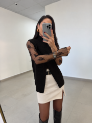 Po 2825 Asimetrik Kesim Triko Süveter & Dantel Bluz İkili Siyah Takım