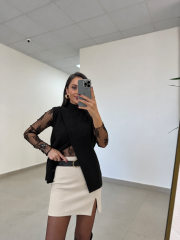 Po 2825 Asimetrik Kesim Triko Süveter & Dantel Bluz İkili Siyah Takım