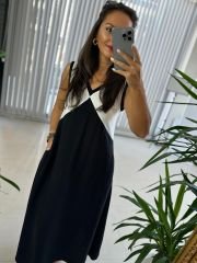 Ms Black and White V Neck Flounce Linen Dress