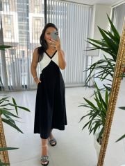 Ms Black and White V Neck Flounce Linen Dress