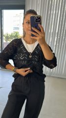 Ön Büzgülü Ajurlu Siyah Triko