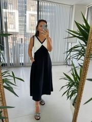 Ms Black and White V Neck Flounce Linen Dress