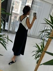 Ms Black and White V Neck Flounce Linen Dress