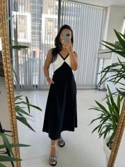 Ms Black and White V Neck Flounce Linen Dress
