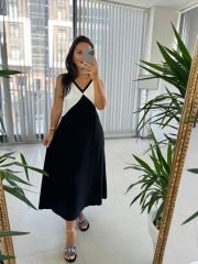 Ms Black and White V Neck Flounce Linen Dress