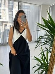 Ms Black and White V Neck Flounce Linen Dress