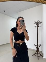 İv 7325 Siyah Ön Büzgülü Tişört