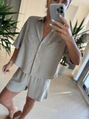 Fw 7145 Taş Pamuklu Şort Gömlek Takım