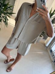 Fw 7145 Taş Pamuklu Şort Gömlek Takım