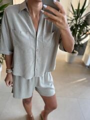 Fw 7145 Taş Pamuklu Şort Gömlek Takım