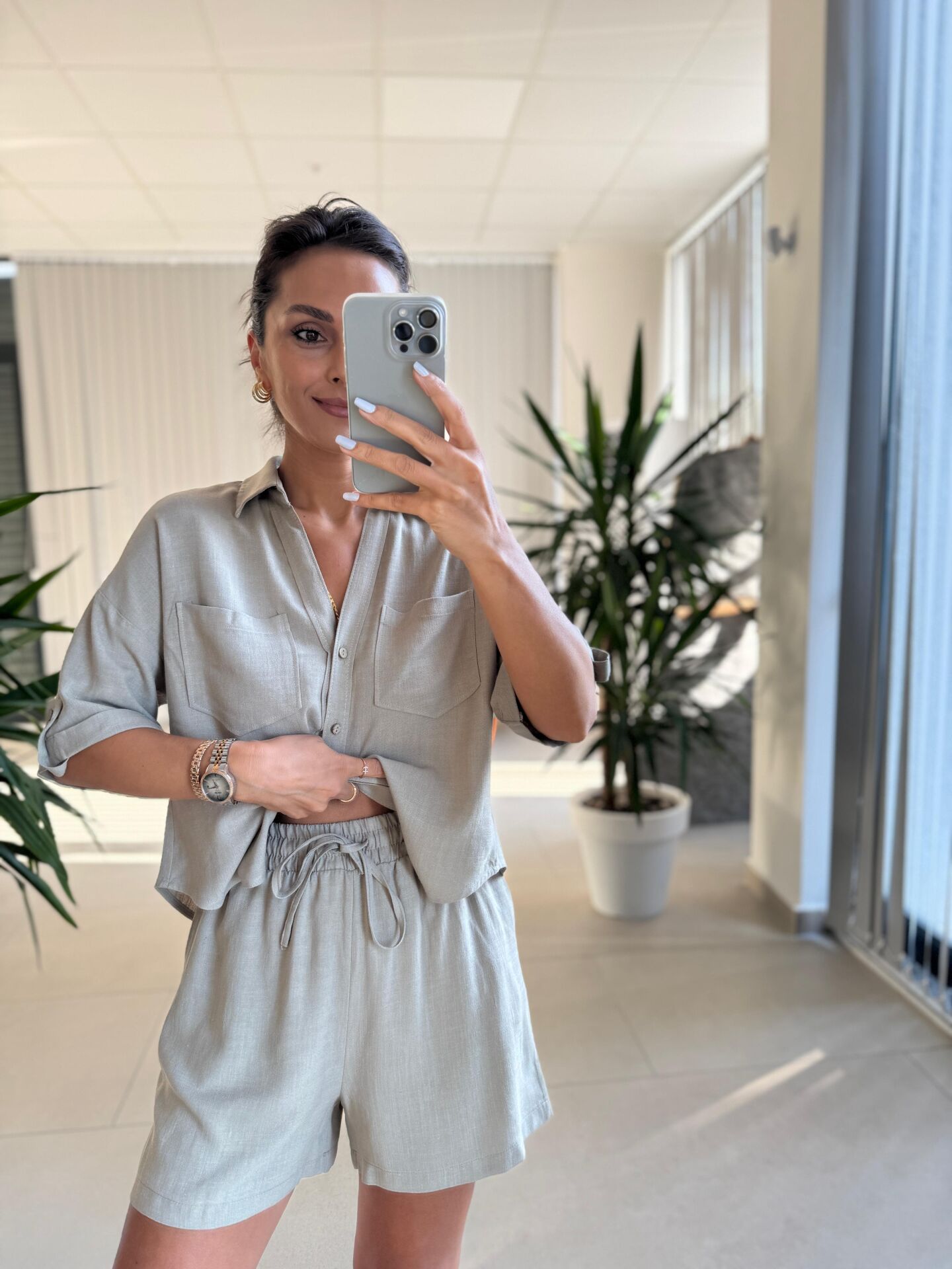 Fw 7145 Taş Pamuklu Şort Gömlek Takım