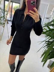 Qs Premium Polo Yaka Siyah Kalem Elbise