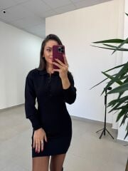 Qs Premium Polo Yaka Siyah Kalem Elbise