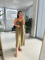 Bb 30013 İp Askılı Haki Keten Elbise